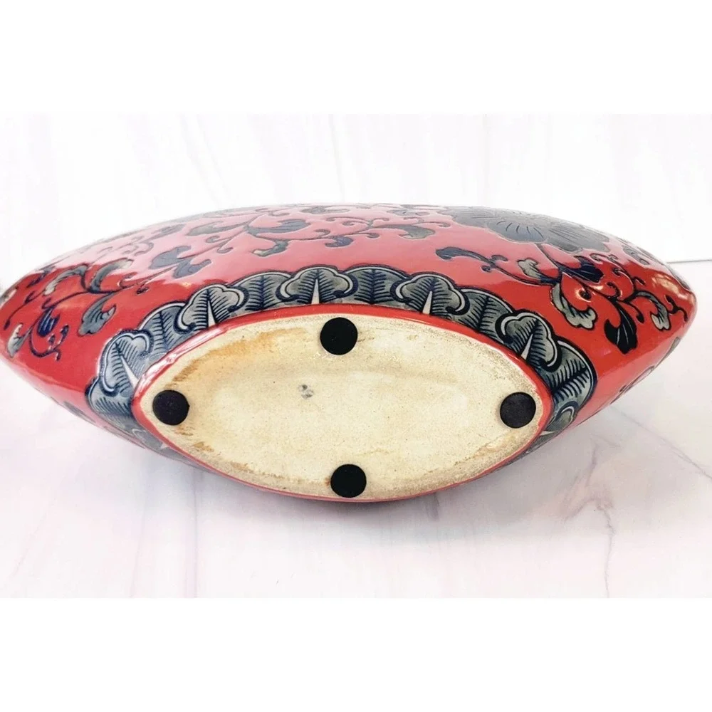 VINTAGE Lopsided Navy,  Gray & Red Floral Abstract Slim Ceramic Vase